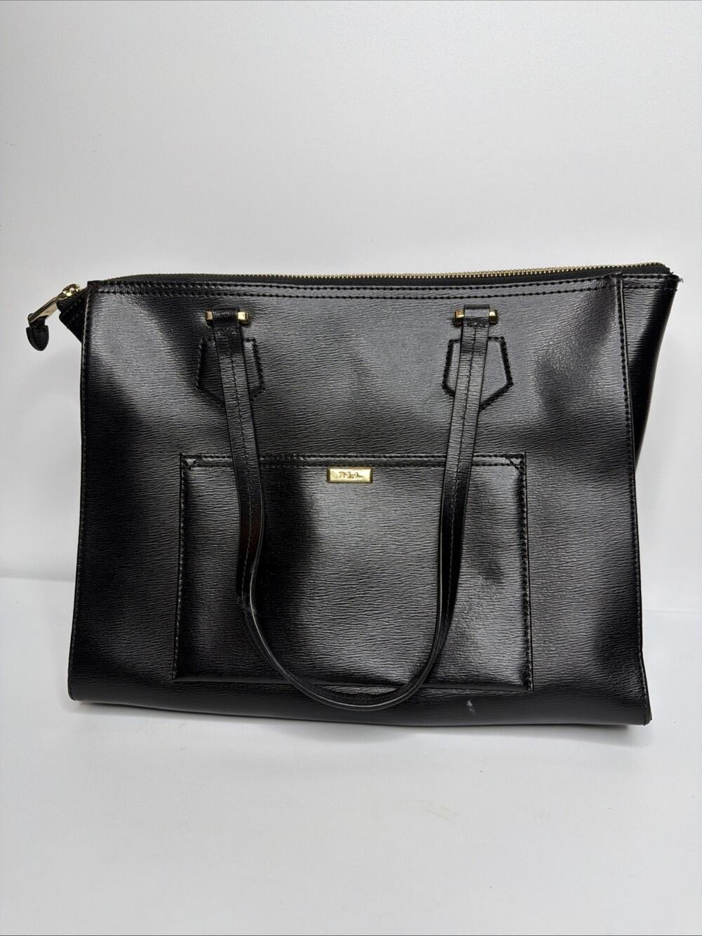 VTG Ralph Lauren Tote Purse Bag Dark Black Cow Leather RLL Excellent Condition